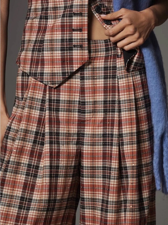 Maeve Pants - Maeve Rust Plaid Wide-Leg Pleated Trousers